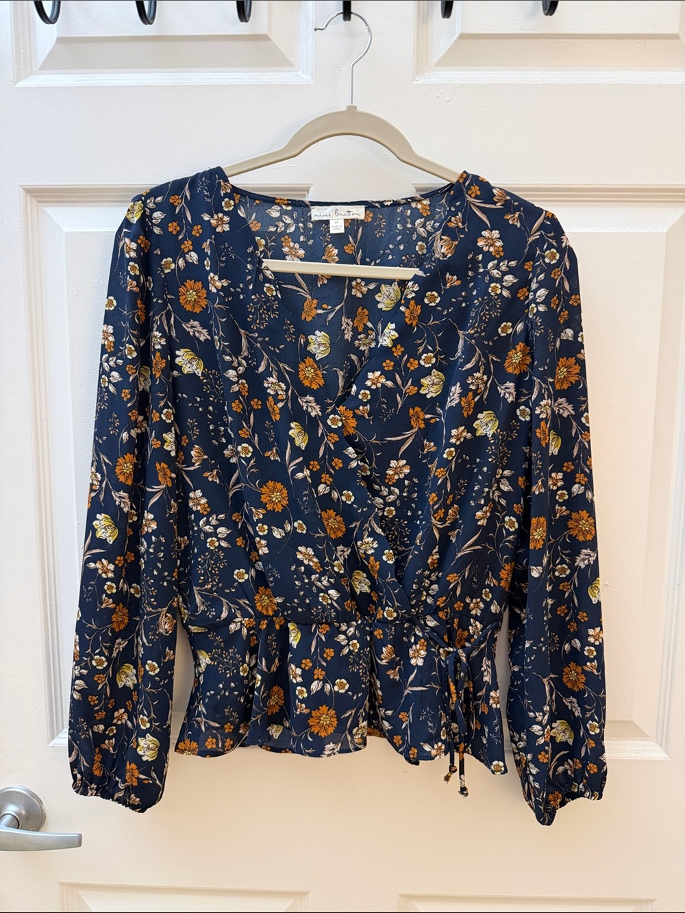 Navy Floral Blouse with Rust Orange and Cream Accents